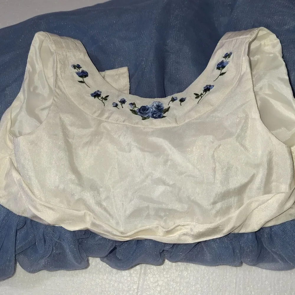 Janie & Jack Girls Dress 12-18 Mos Ivory Blue Embroidered Ruffle Tulle Flare Hem